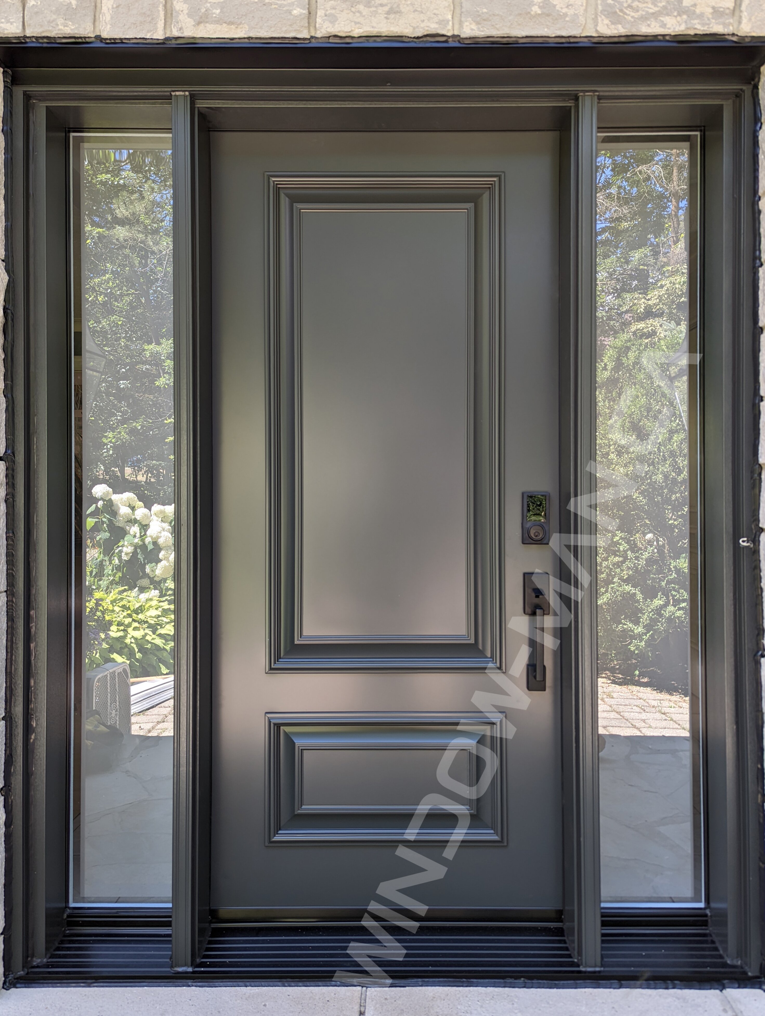 iron ore single steel door with sidelights and clear border glass, executive panels