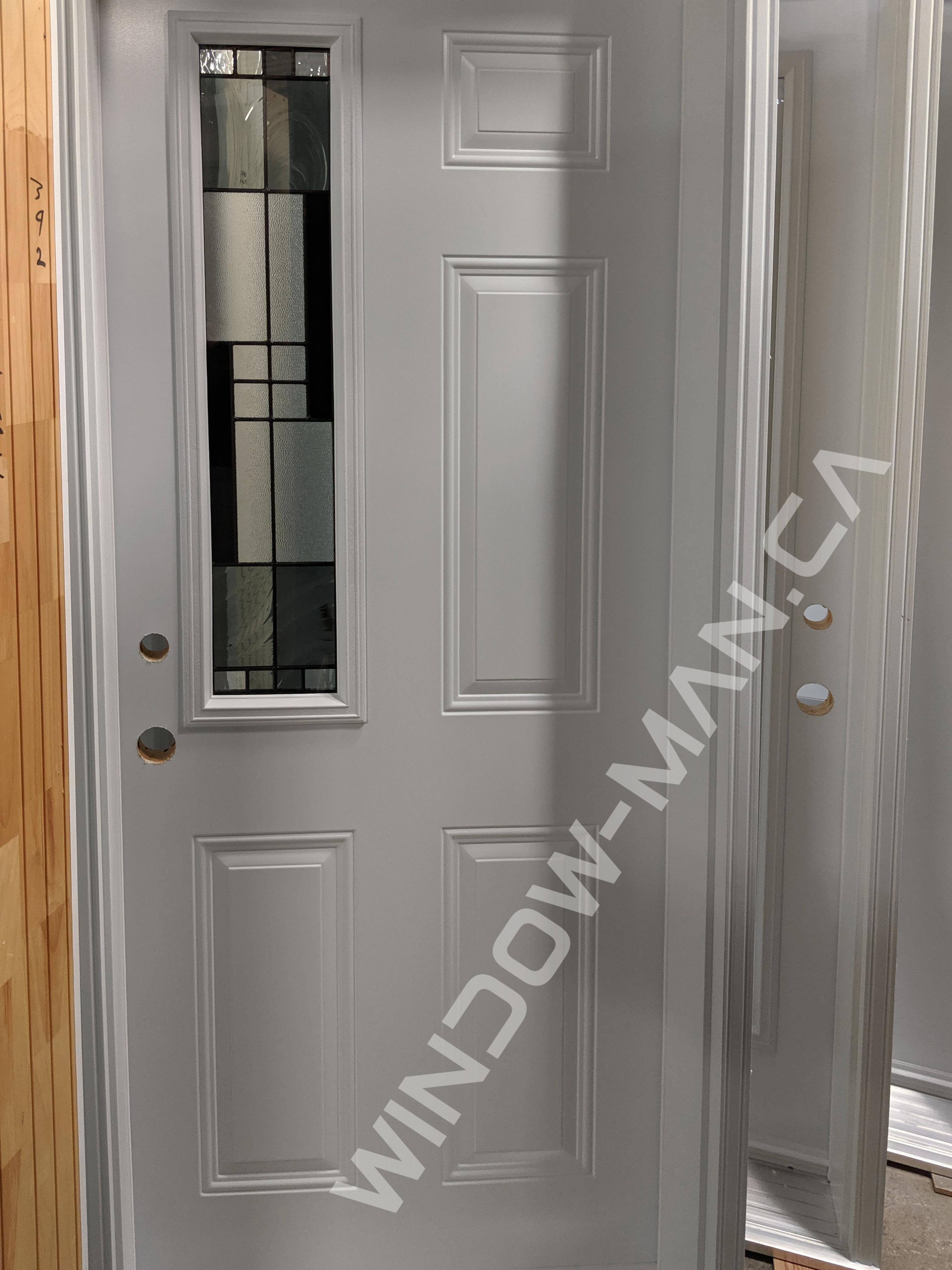 metal doors single in white with santa fe half stained glass