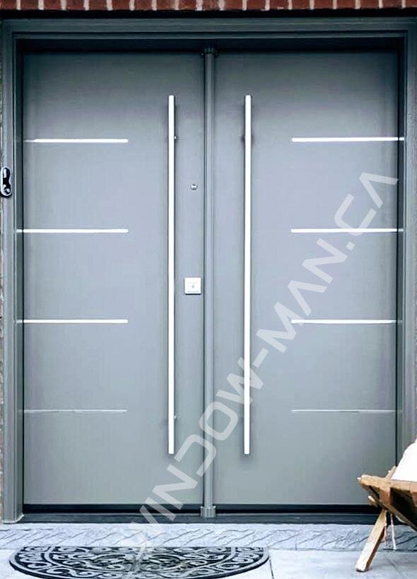 modern double front doors fiberglass in windwswept smoke with pull bar handle mahogany, stainless stripes design, peephole