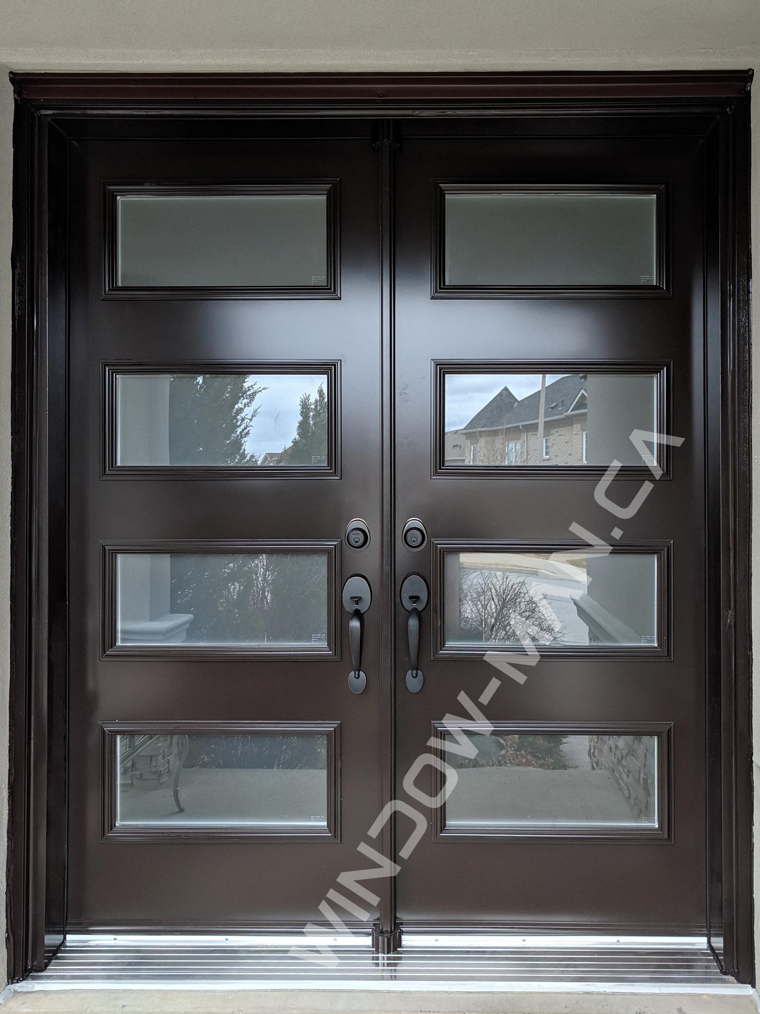 modern entry doors canada double in dark brown shaker sandblasted glass