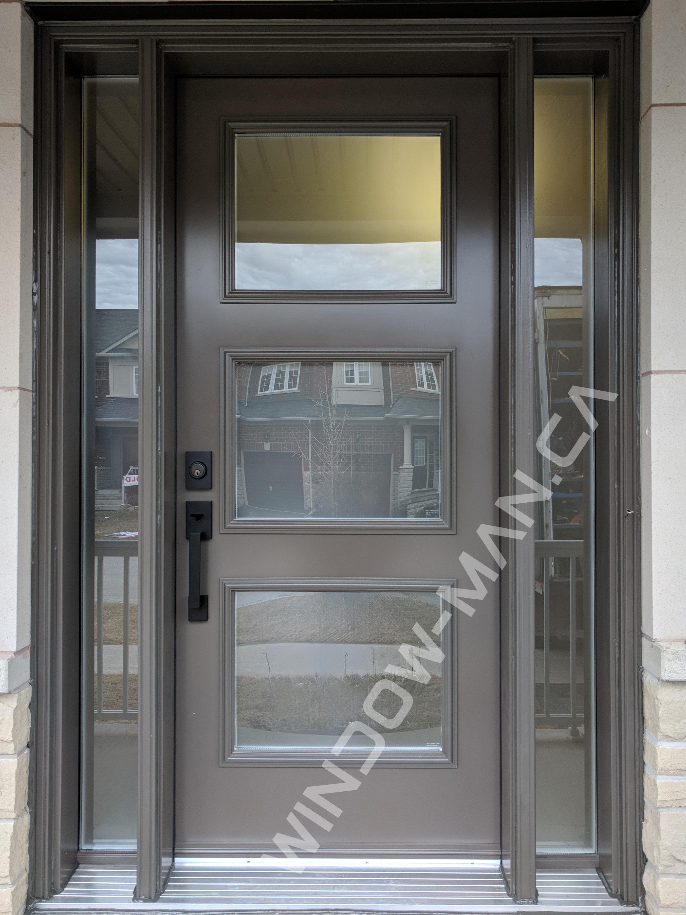modern front door with sidelights in windswept smoke shaker frosted glass