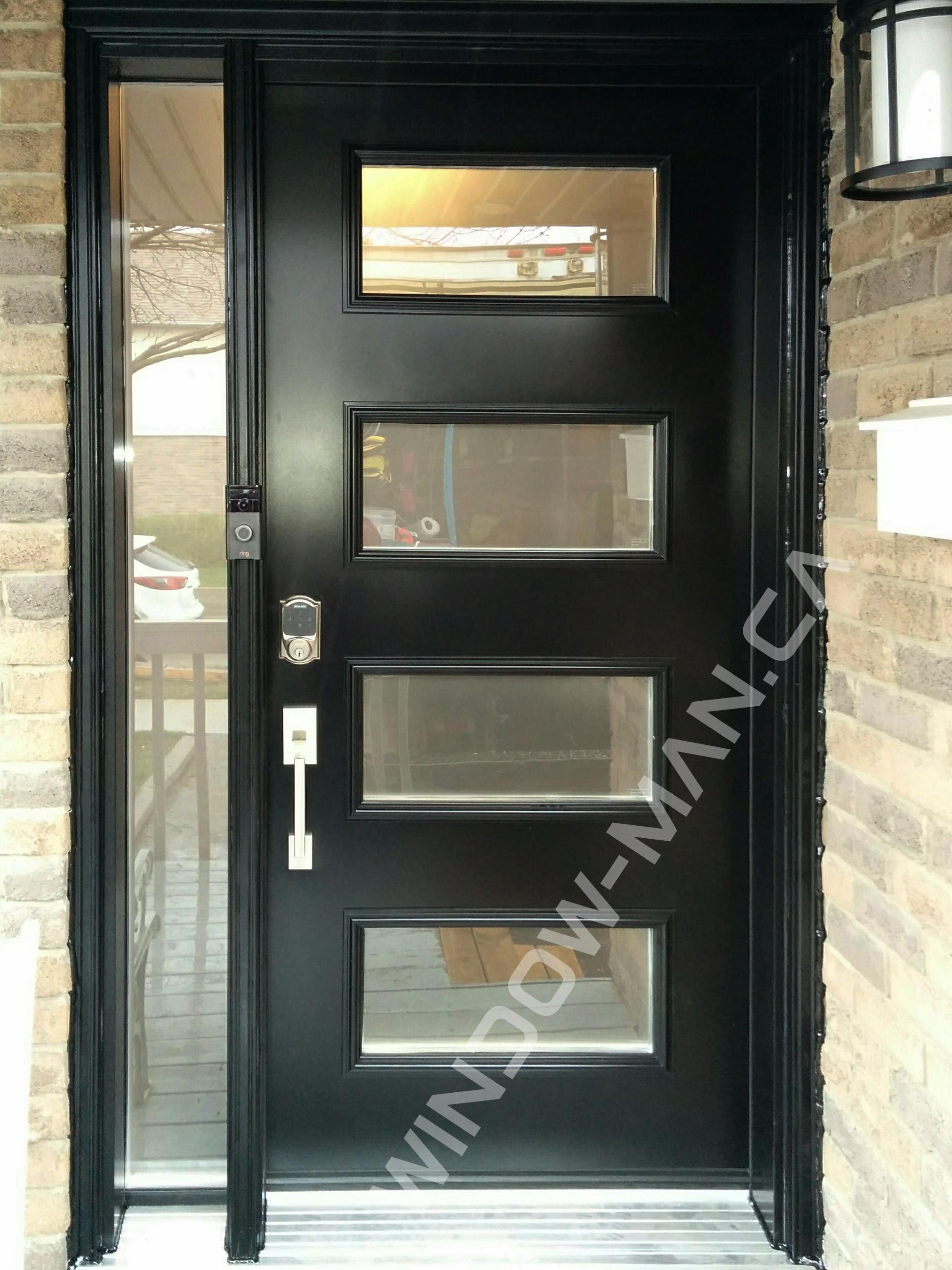 modern glass front door with sidelight in black shaker sandblasted glass