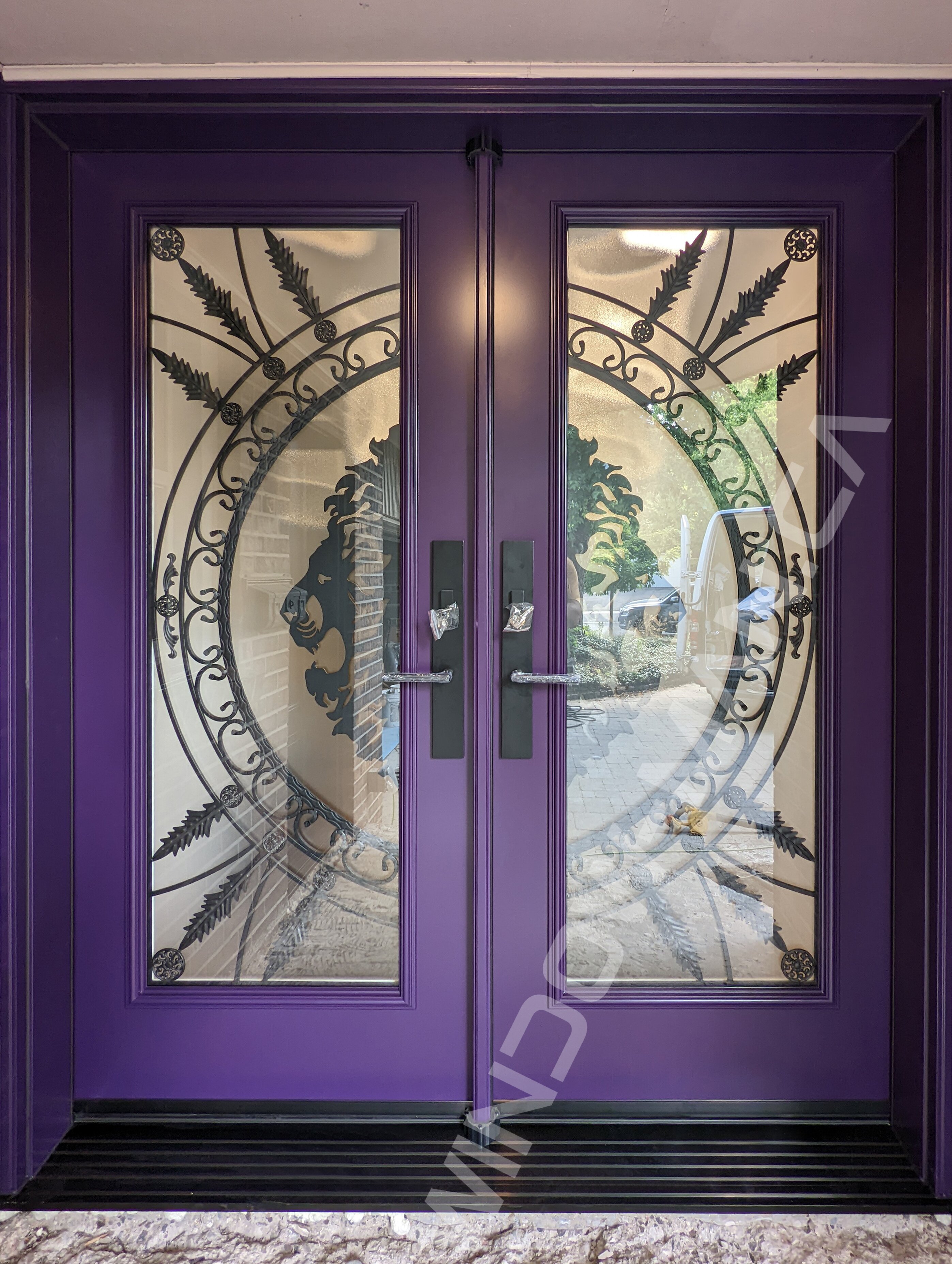 purple steel double door with full forest king wrought iron glass, multipoint lock