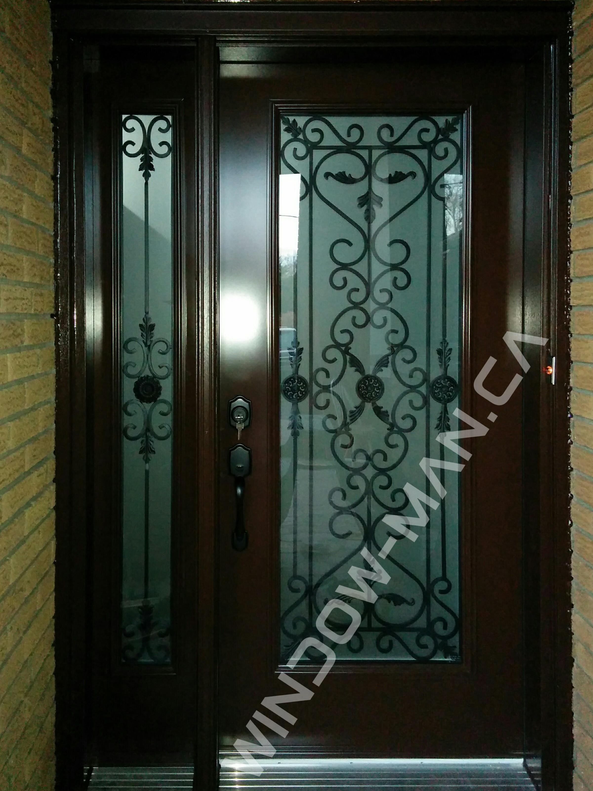 red entrance door with sidelight in burgundy with port stanly full wrought iron glass
