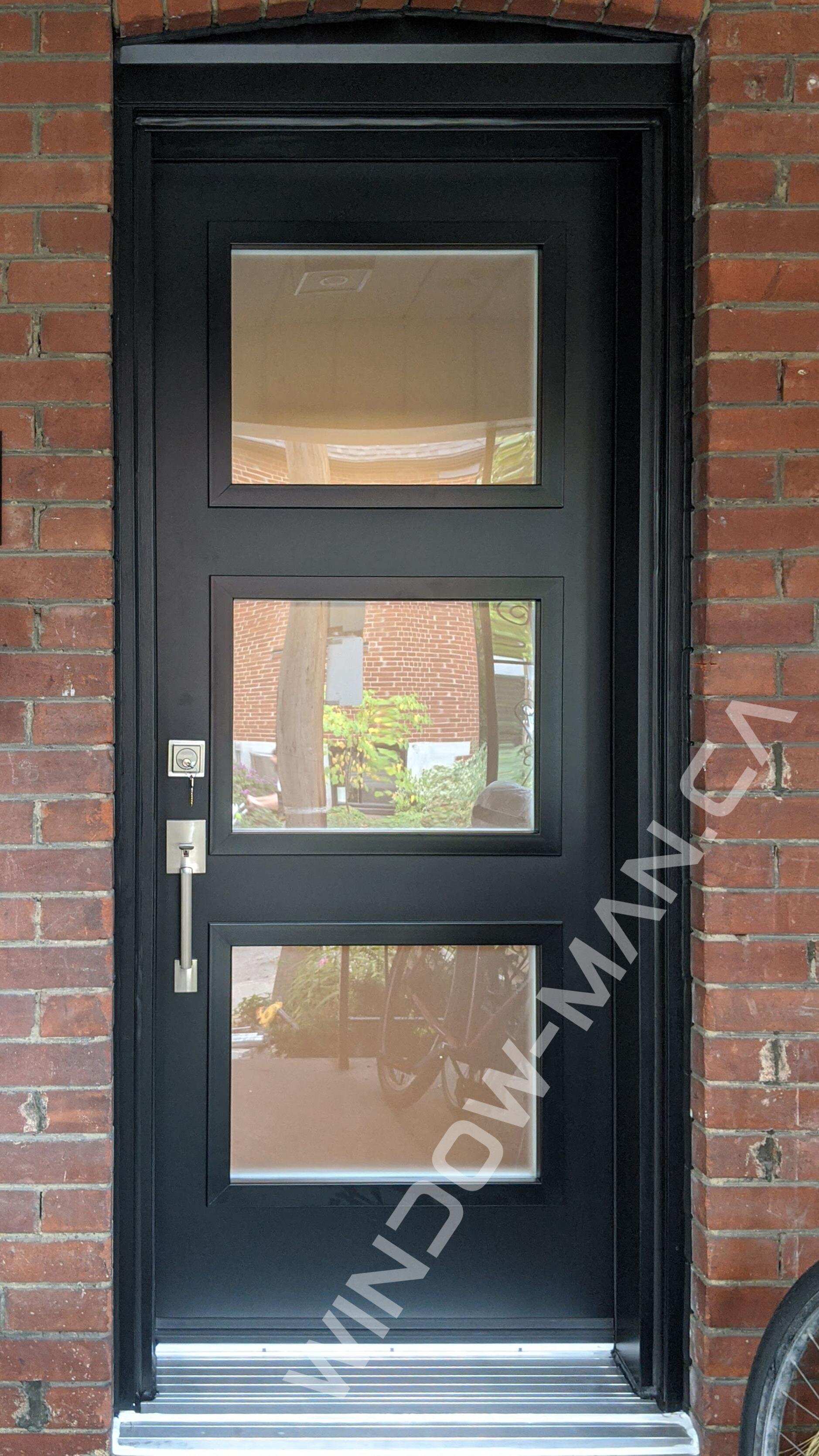single door with glass panel in black shaker acid etched glass