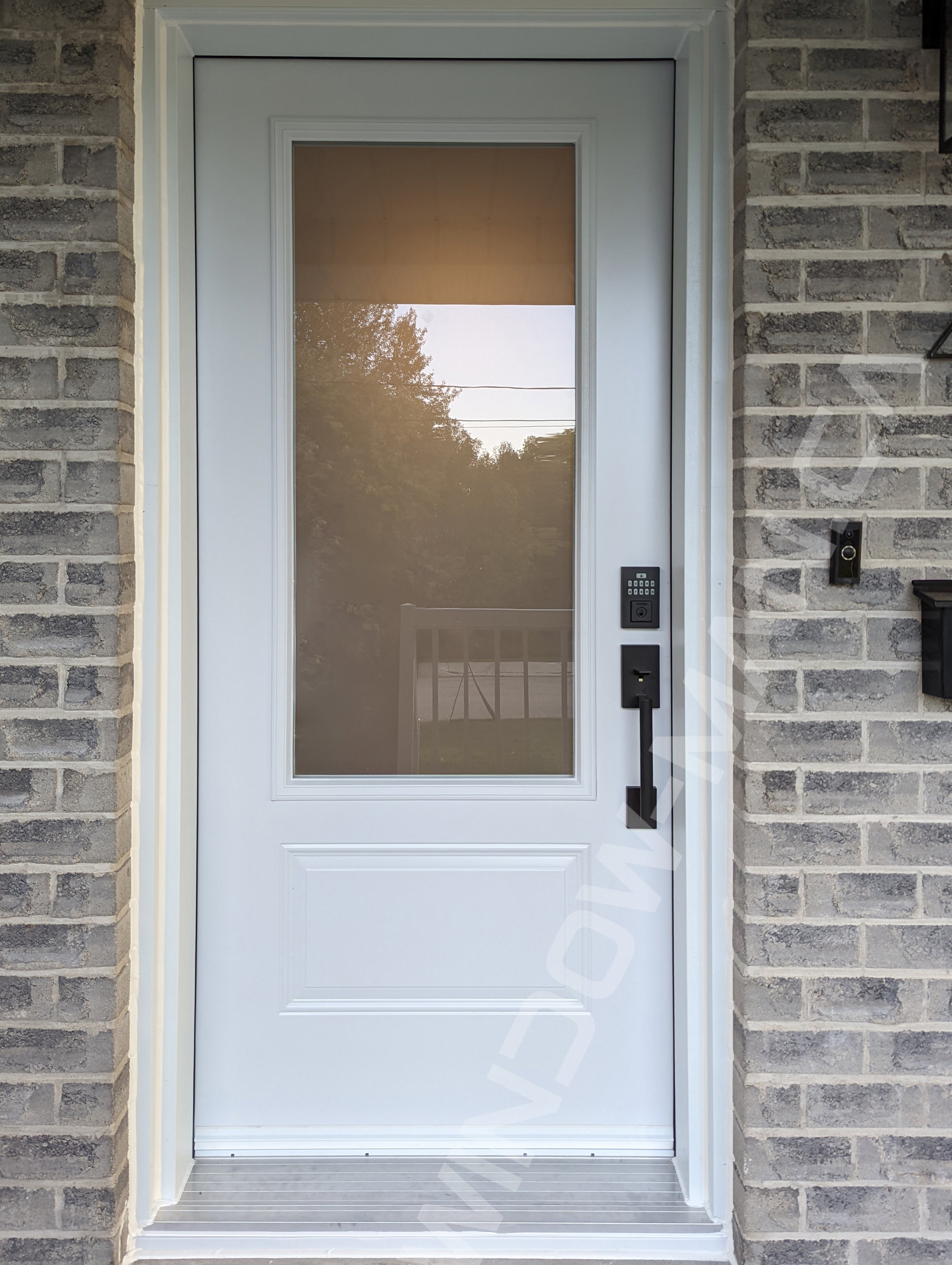 steel door with 3/4 acid etched glass, smart lock