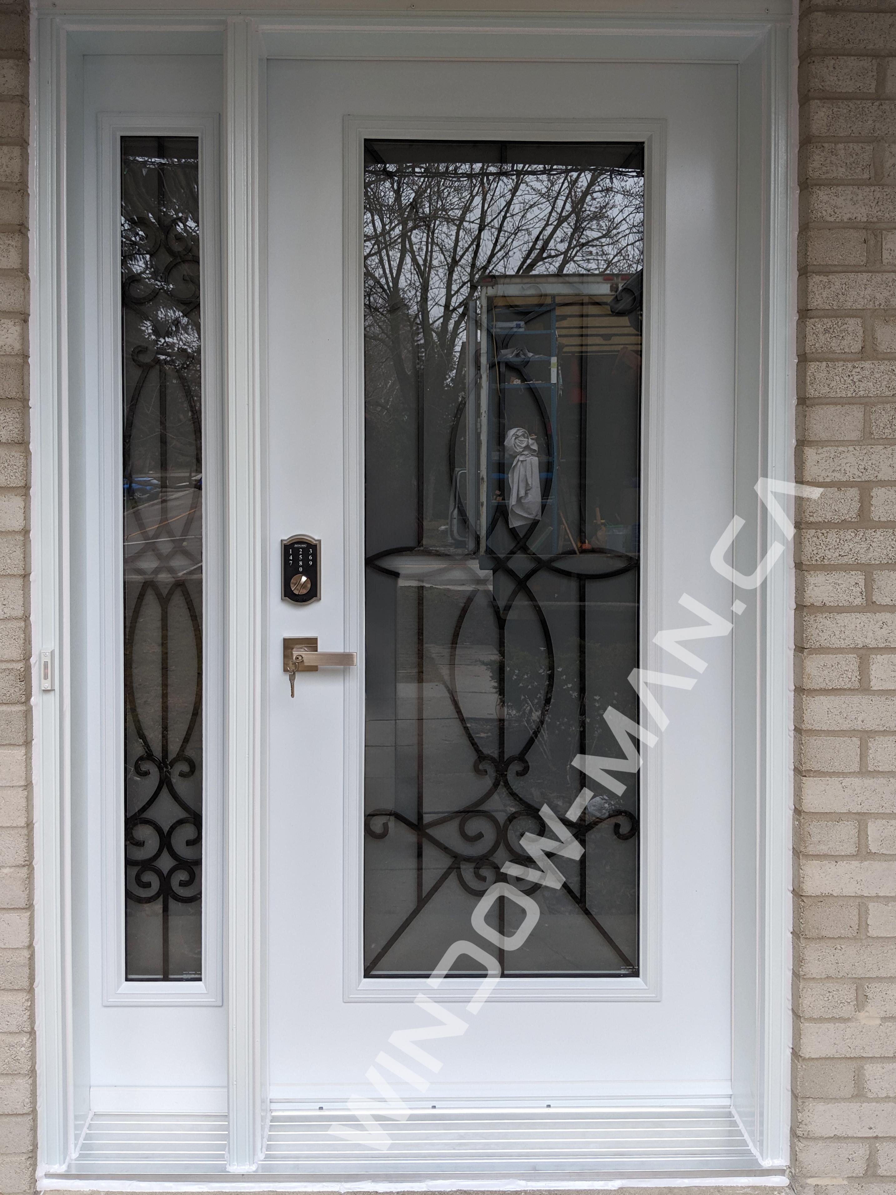 steel door front with sidelight in white with blackburn full wrought iron glass
