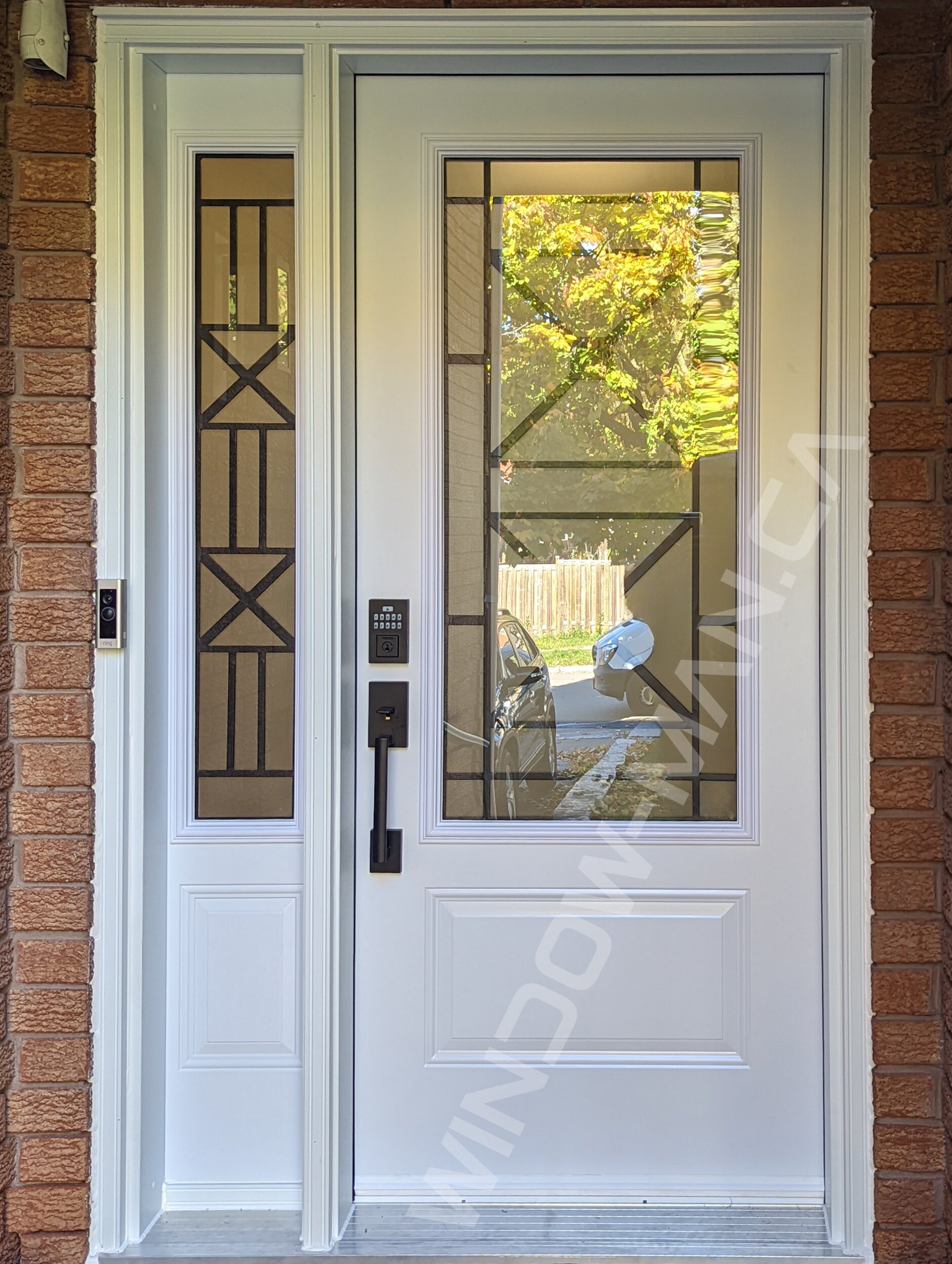 steel door with sidelight and 3/4 century wrought iron glass, smart lock