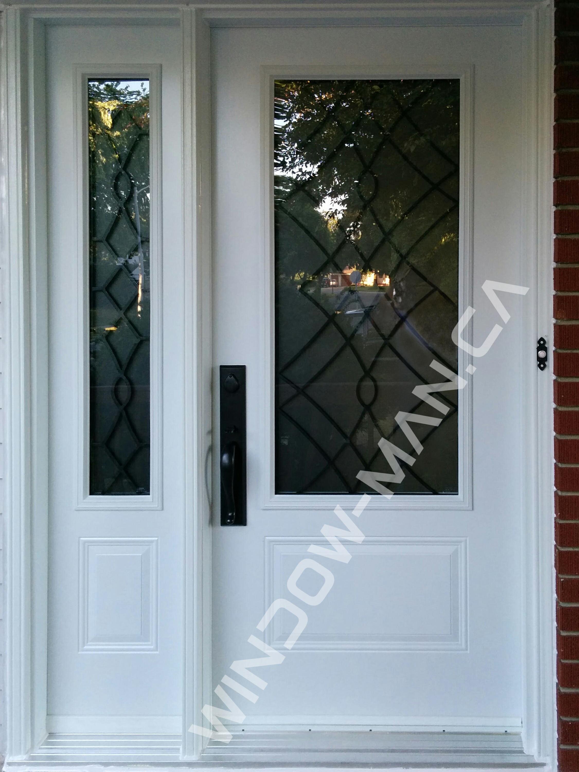 steel doors exterior with sidelight in white with oak ridge 3/4 wrought iron glass