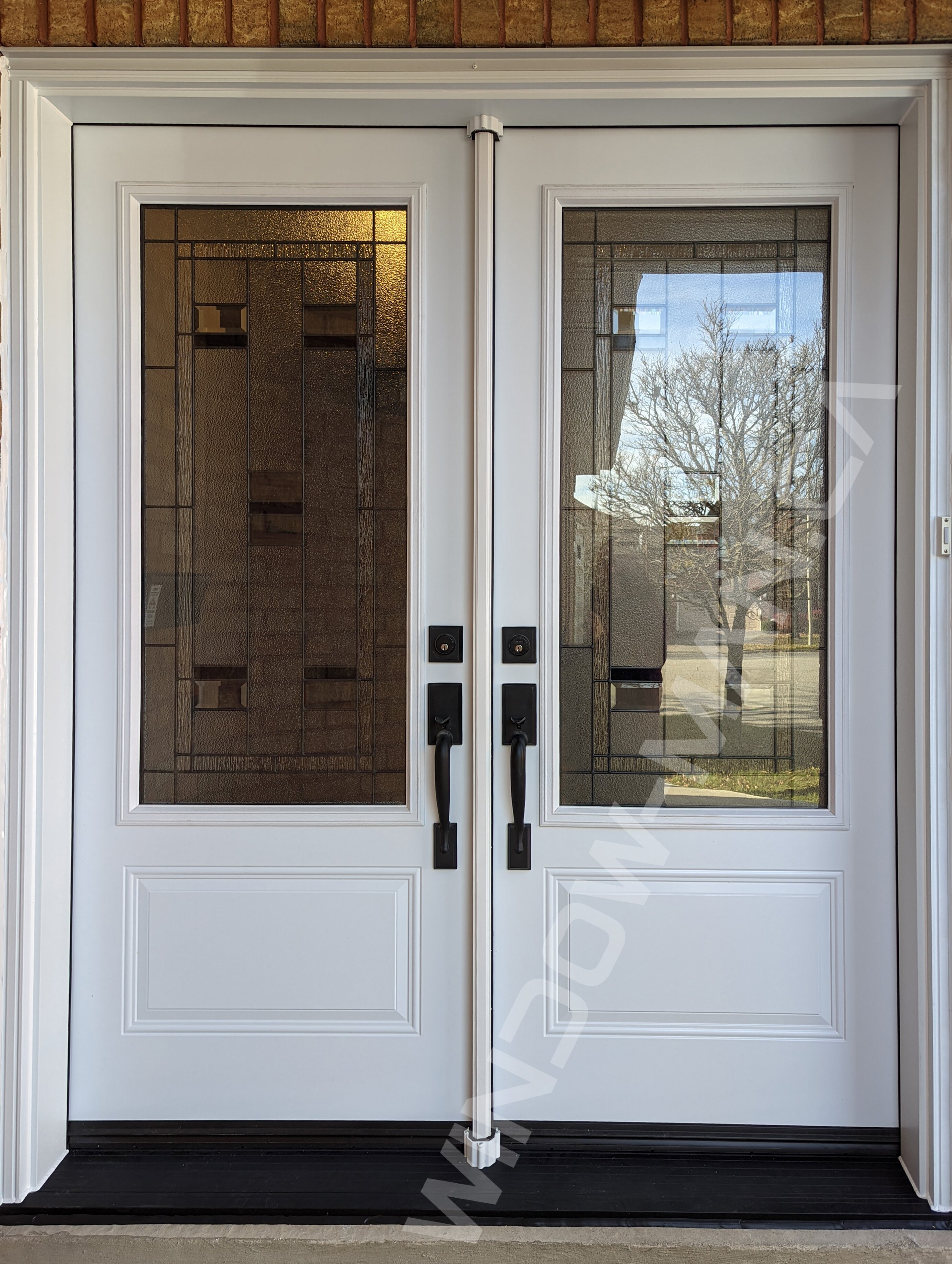 steel double door with 3/4 trimlite hollister stained glass
