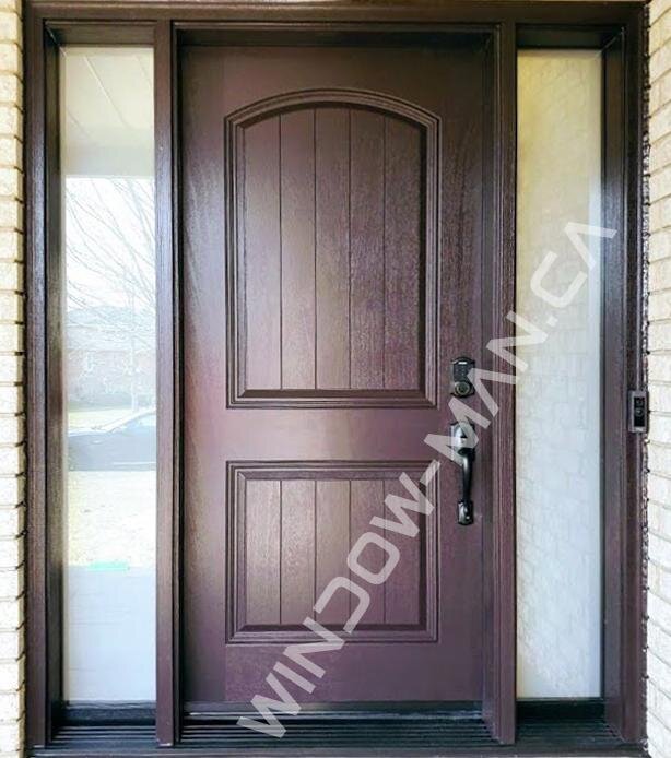 wood exterior front door fiberglass with sidelights stained in dark mahogany plank