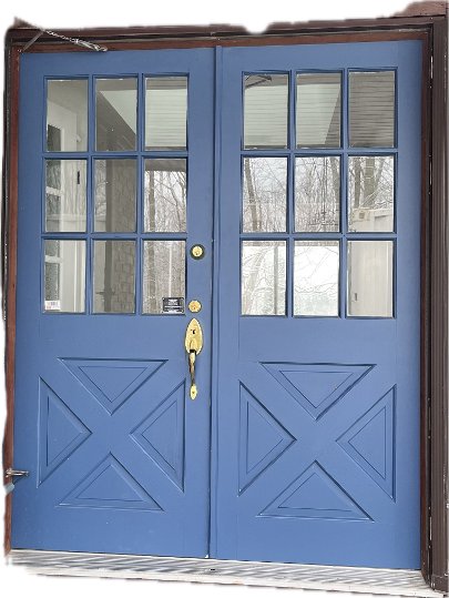 antique brown steel door with sidelights and full malibu wrought iron glass, smart lock - before-after