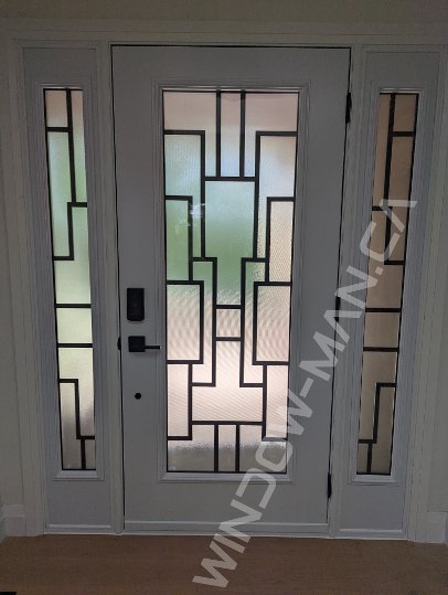 antique brown steel door with sidelights and full malibu wrought iron glass, smart lock - view from the inside