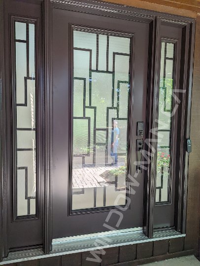 antique brown steel door with sidelights and full malibu wrought iron glass, smart lock - view from the outside