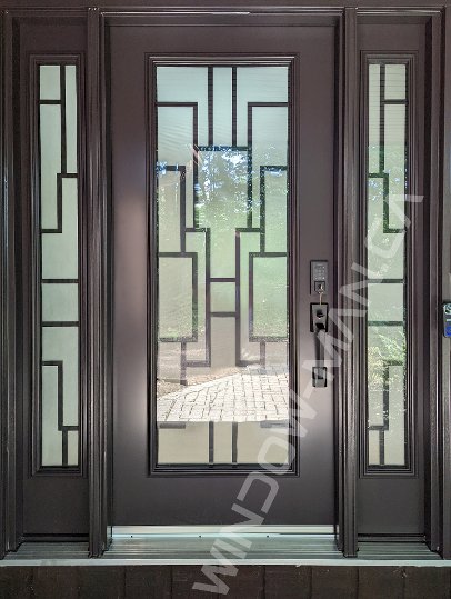 antique brown steel door with sidelights and full malibu wrought iron glass, smart lock