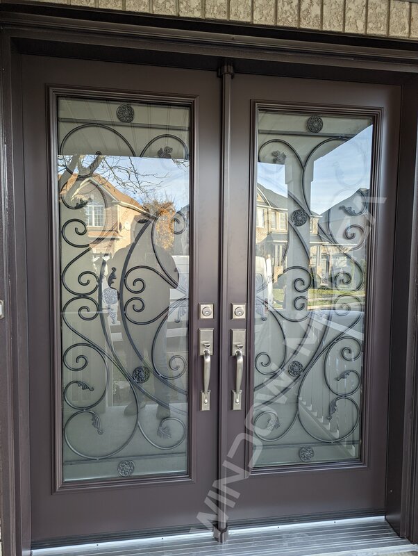 antique brown steel double door with full campbellsford wrought iron glass - view from the outside