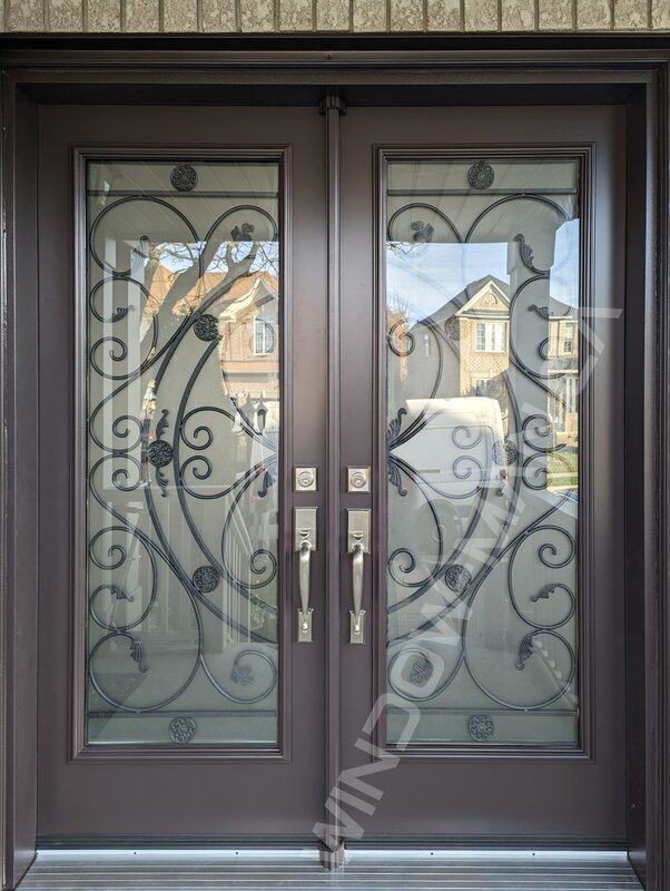 antique brown steel double door with full campbellsford wrought iron glass