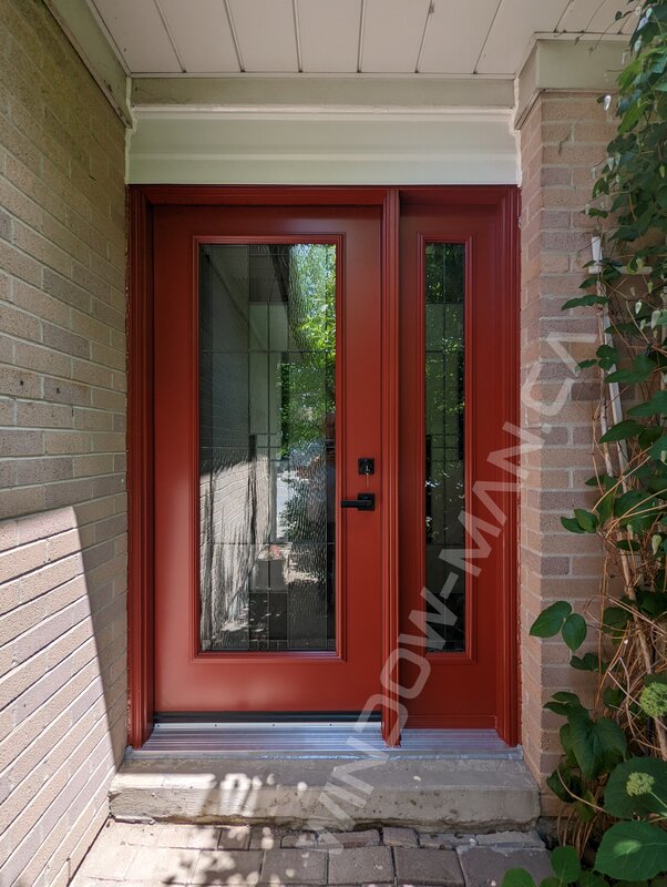aztec red steel door with sidelight and full santa fe stained glass - view from the outside