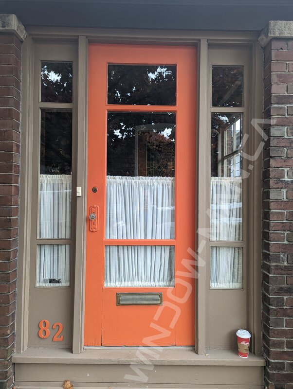 aztec red steel tall door with sidelights and 3/4 clear border glass - before-after