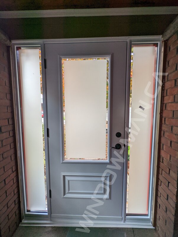 aztec red steel tall door with sidelights and 3/4 clear border glass - view from the inside