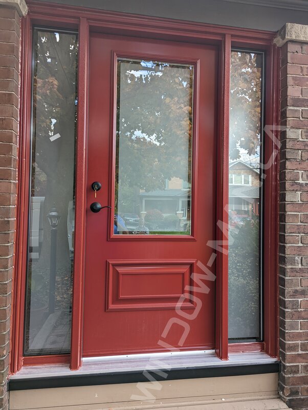 aztec red steel tall door with sidelights and 3/4 clear border glass - view from the outside