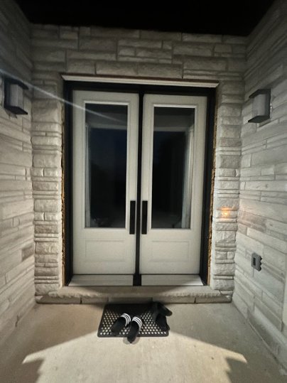 black oak grain fiberglass double door with 3/4 clear border glass, 8-foot, multipoint lock - before-after