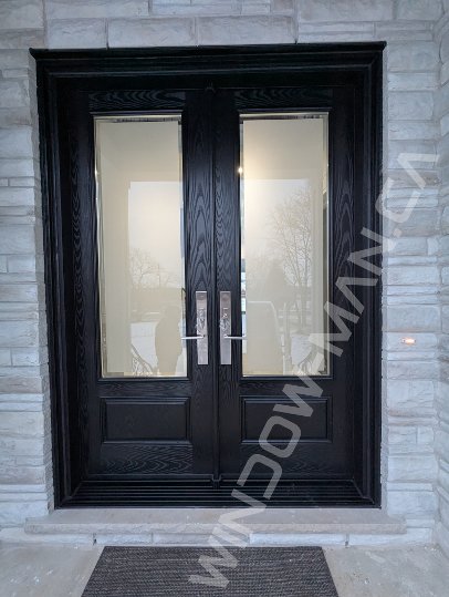 black oak grain fiberglass double door with 3/4 clear border glass, 8-foot, multipoint lock - before-after
