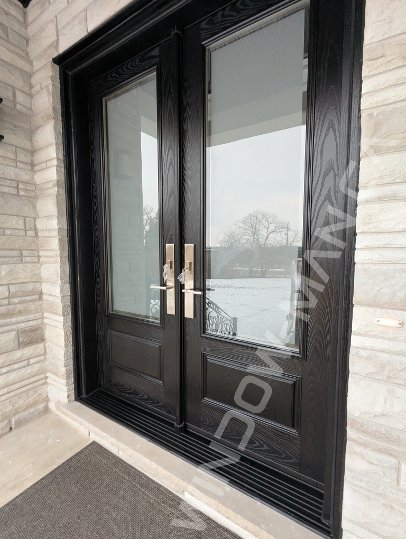 black oak grain fiberglass double door with 3/4 clear border glass, 8-foot, multipoint lock - view from the inside
