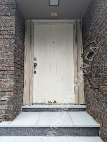 black oak grain fiberglass door with sidelights and acid etched glass, narrow sidelights, 2 panel, multipoint lock - before-after