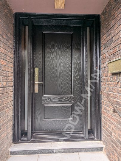 black oak grain fiberglass door with sidelights and acid etched glass, narrow sidelights, 2 panel, multipoint lock - view from the outside
