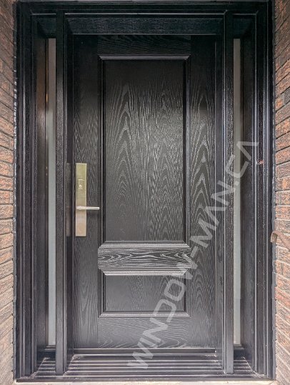 black oak grain fiberglass door with sidelights and acid etched glass, narrow sidelights, 2 panel, multipoint lock