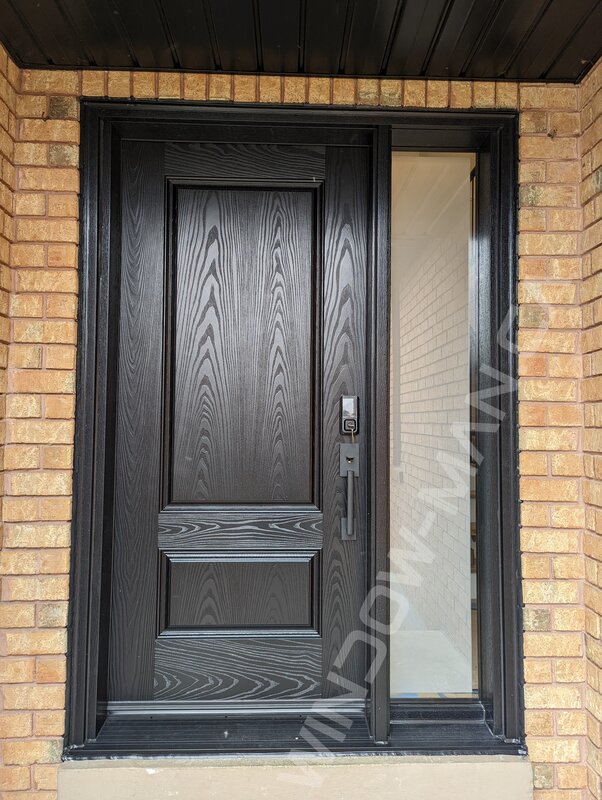 black fiberglass door with sidelight and clear border glass, wide sidelight, smart lock - view from the outside