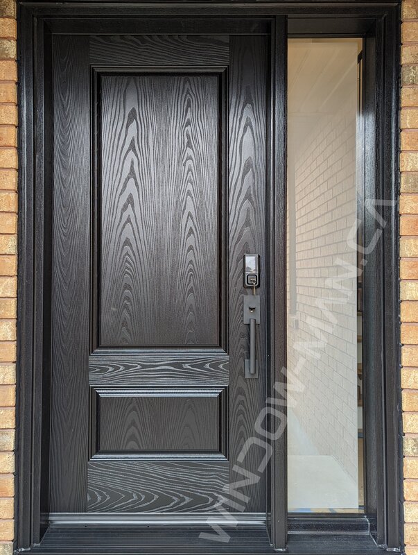 black fiberglass door with sidelight and clear border glass, wide sidelight, smart lock