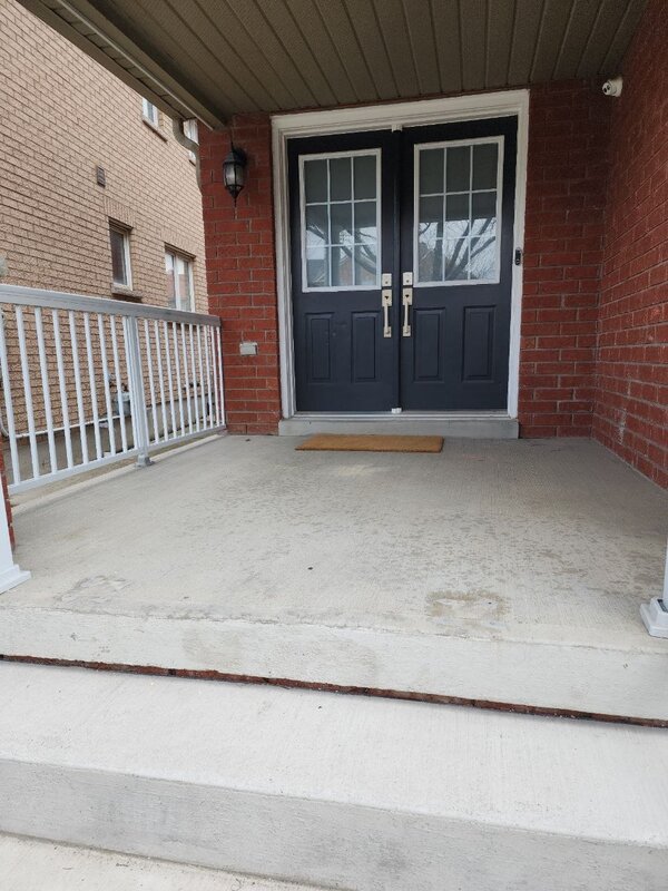 black oak grain fiberglass double door with acid etched glass and pull bar handles - before-after