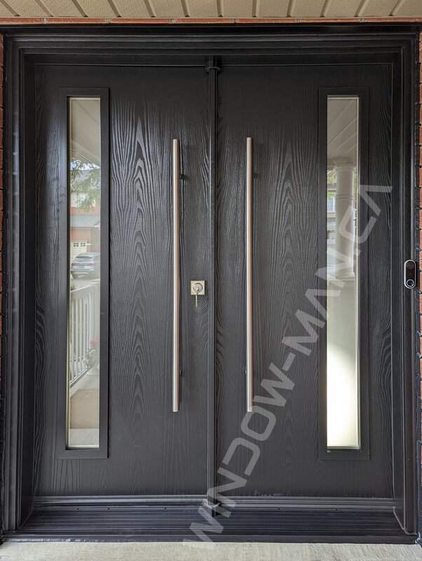black oak grain fiberglass double door with acid etched glass and pull bar handles