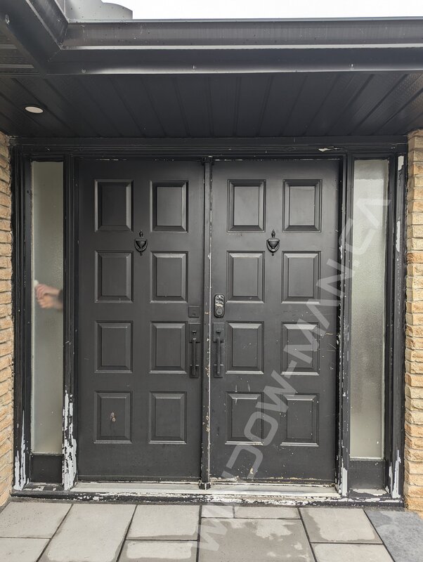 black fiberglass double door with sidelights and acid etched glass, multipoint lock - before-after