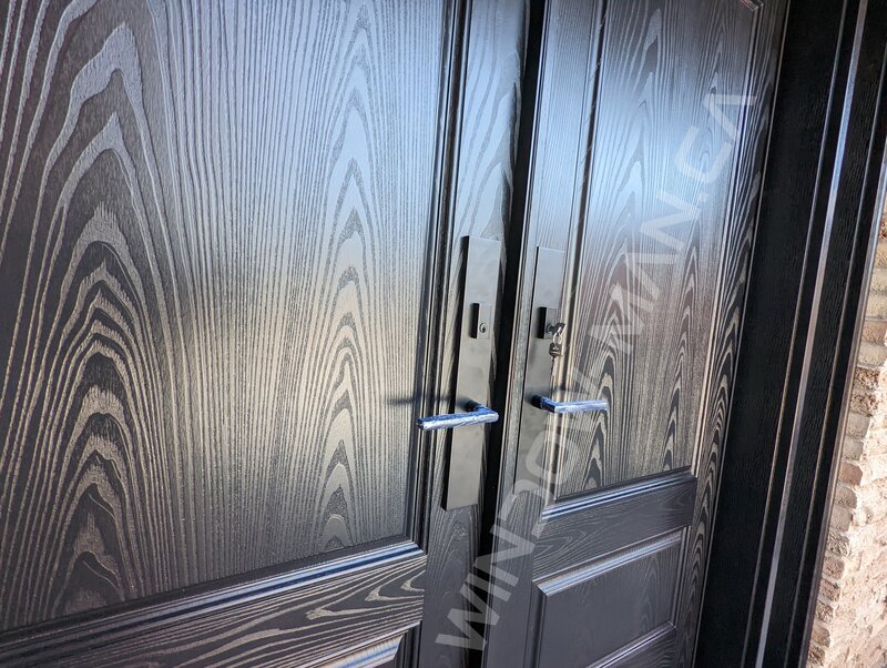 black fiberglass double door with sidelights and acid etched glass, multipoint lock - detailed close up