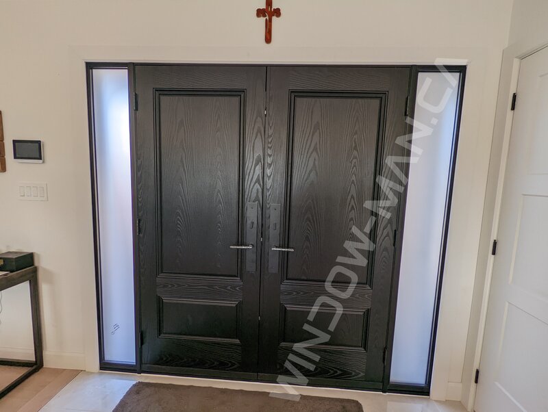 black fiberglass double door with sidelights and acid etched glass, multipoint lock - view from the inside