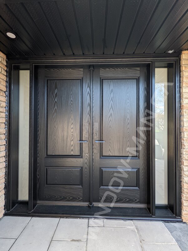 black fiberglass double door with sidelights and acid etched glass, multipoint lock