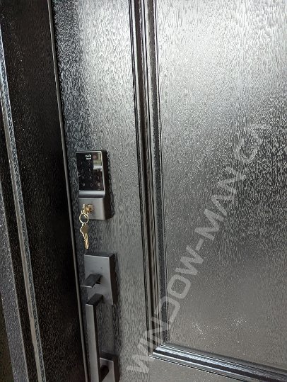 black mahogany grain fiberglass door with sidelight and acid etched glass, 2 panel, smart lock - detailed close up
