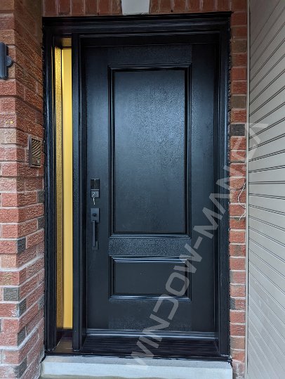 black mahogany grain fiberglass door with sidelight and acid etched glass, 2 panel, smart lock - view from the outside