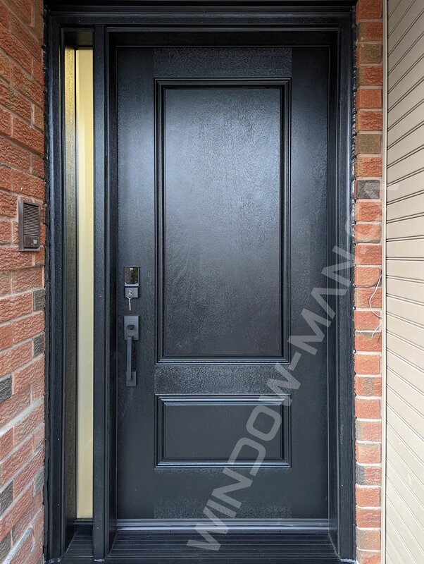 black mahogany grain fiberglass door with sidelight and acid etched glass, 2 panel, smart lock