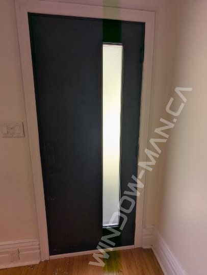 black oak grain fiberglass door with full acid glass, smart lock, novatech vertical accent - view from the inside