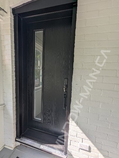 black oak grain fiberglass door with full acid glass, smart lock, novatech vertical accent - view from the outside