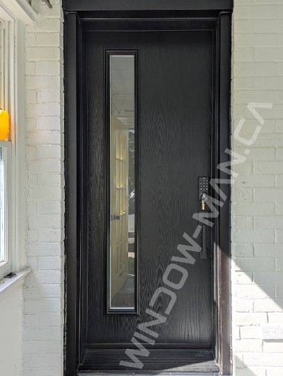 black oak grain fiberglass door with full acid glass, smart lock, novatech vertical accent