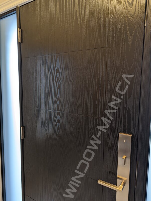black oak grain fiberglass door with sidelights and acid etched glass, groove design, multipoint lock - detailed close up