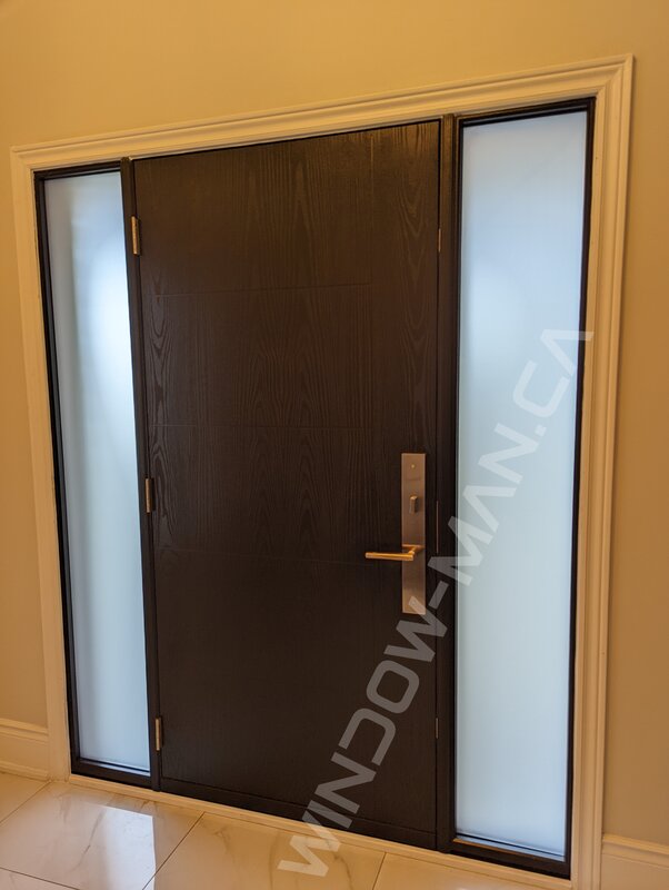 black oak grain fiberglass door with sidelights and acid etched glass, groove design, multipoint lock - view from the inside