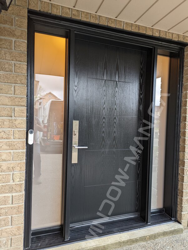 black oak grain fiberglass door with sidelights and acid etched glass, groove design, multipoint lock - view from the outside