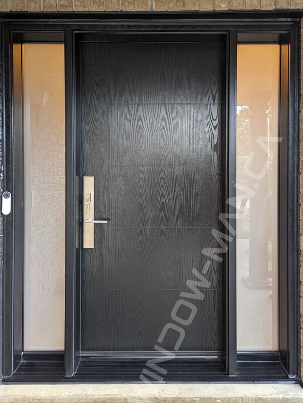 black oak grain fiberglass door with sidelights and acid etched glass, groove design, multipoint lock