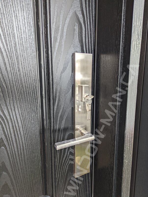 black oak grain fiberglass door with sidelights and clear border glass, 2 panel, multipoint lock - detailed close up